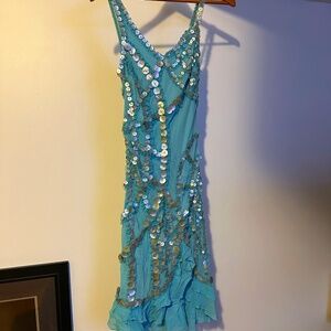 Sue Wong Vintage Aqua Blue & Mother of Pearl Shells Mermaid Dress